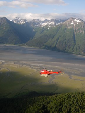 Helicopter above tundra
